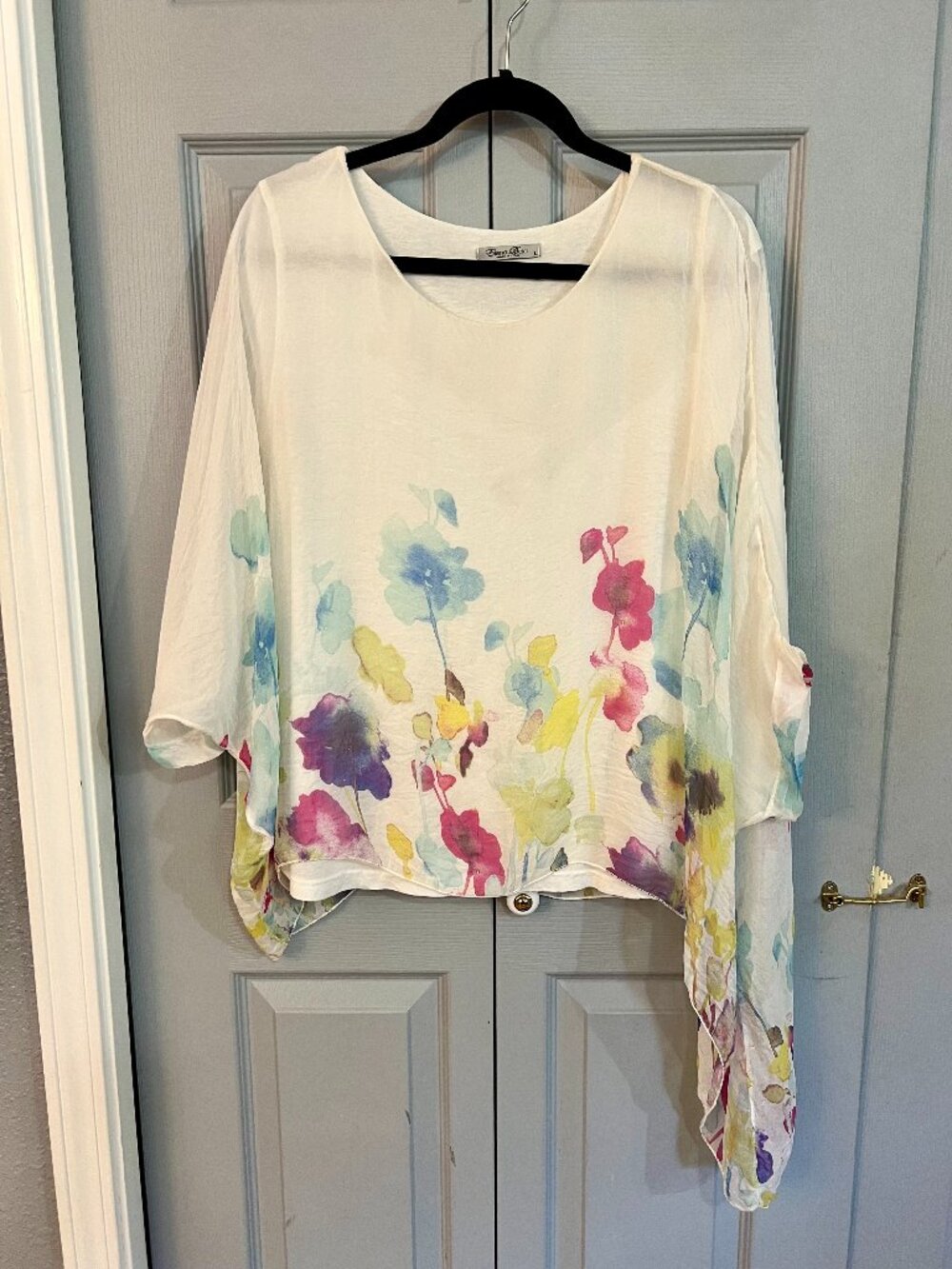 Elena Baldi White Silk Top, Floral Watercolor, Asymmetrical Hem, made in Italy